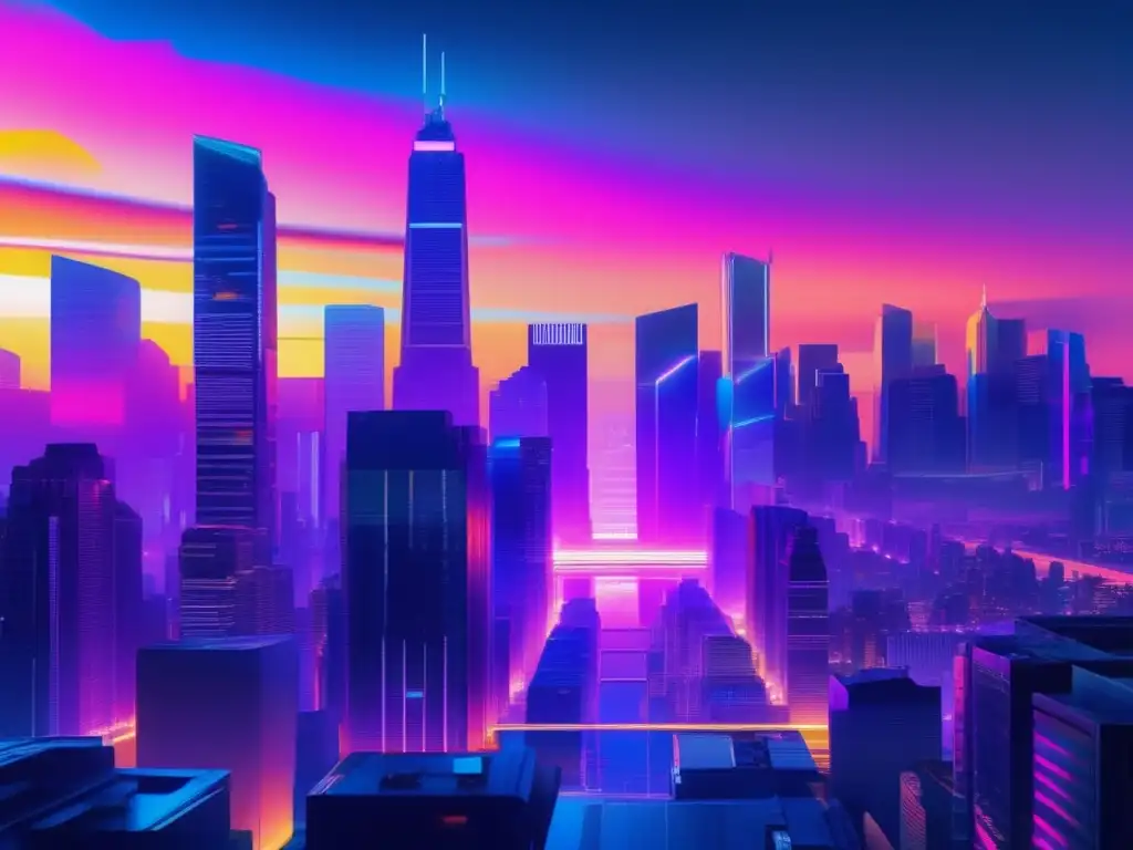 Estrategias de seguridad en transporte público: Glitch art con ciudad futurista y vibrantes luces neón