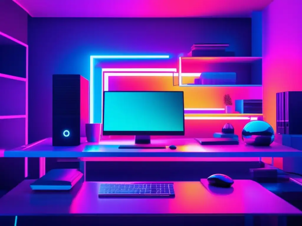 Oficina en casa futurista Estrategias teletrabajo seguro: Oficina futurista con glitch art y colores neón