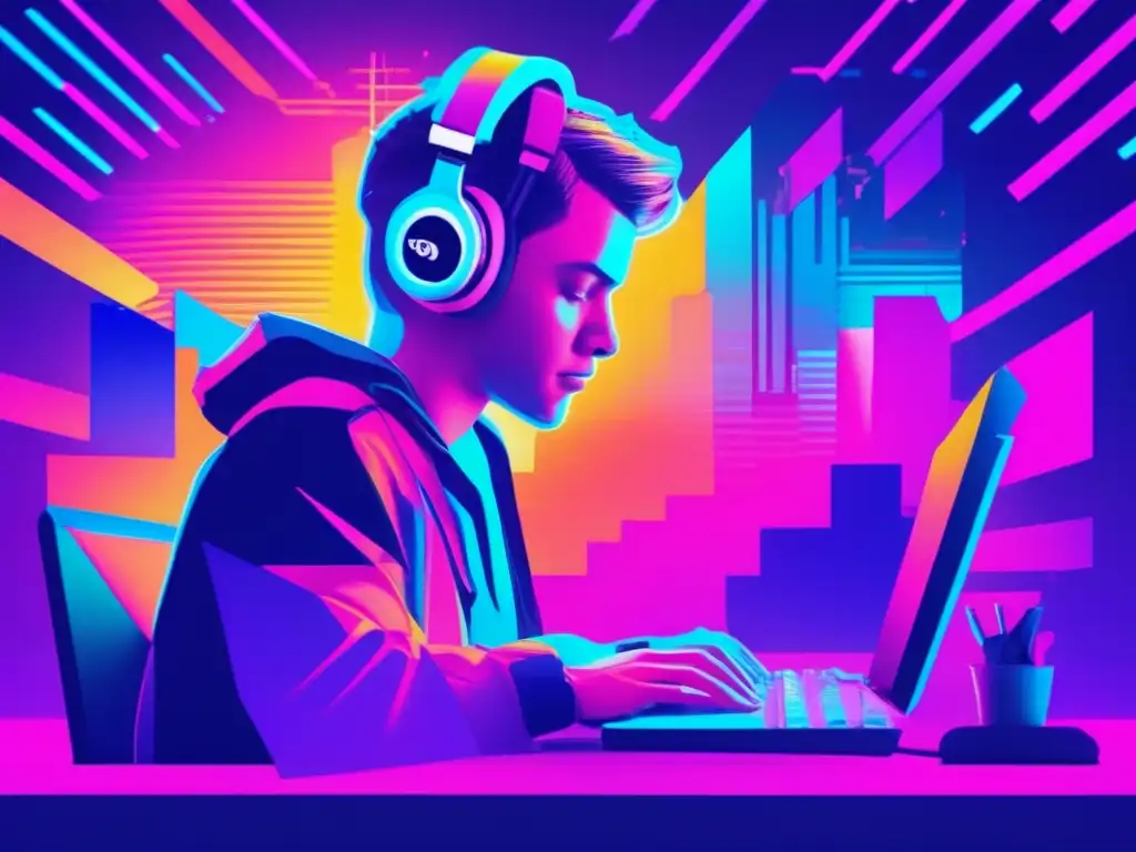 Escritorio caótico de trabajo desde casa Estrategias teletrabajo seguro- Persona en oficina caótica con efectos glitch