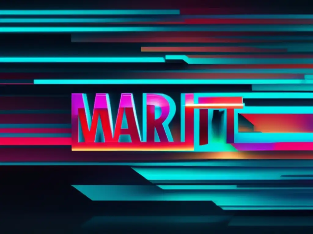 Estudio ciberataque Marriott: imagen glitch arte 8k, logo fragmentado y distorsionado, colores neón vibrantes, caos digital