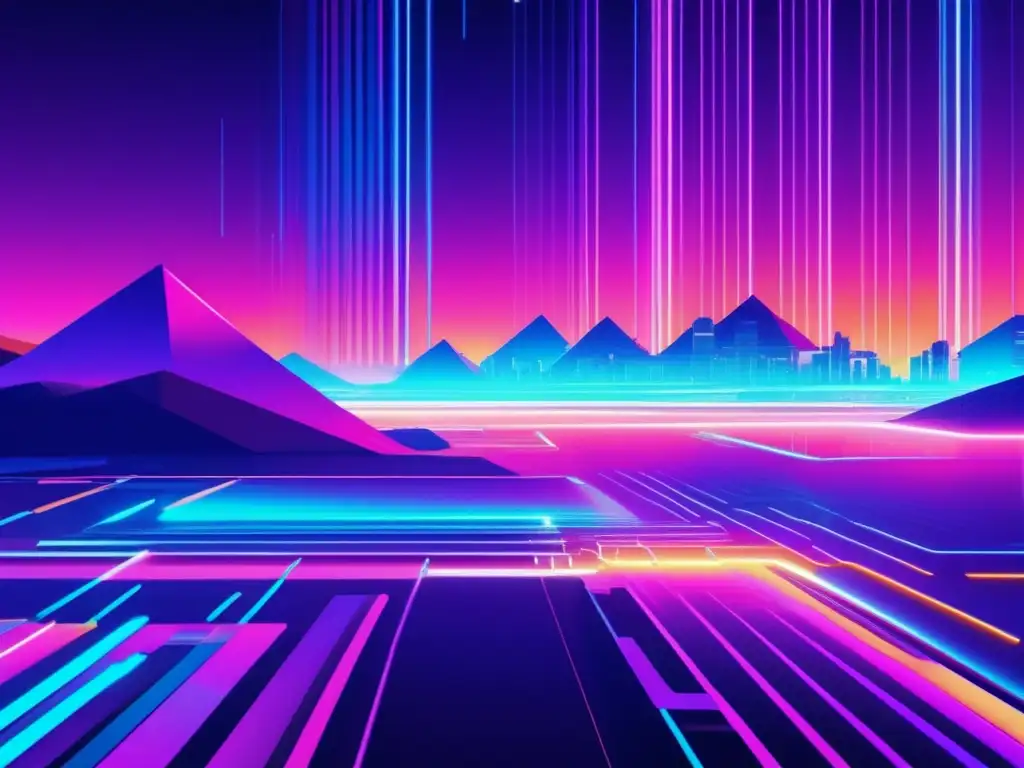 Un fascinante paisaje digital futurista en tonos vibrantes de neón y texturas glitch