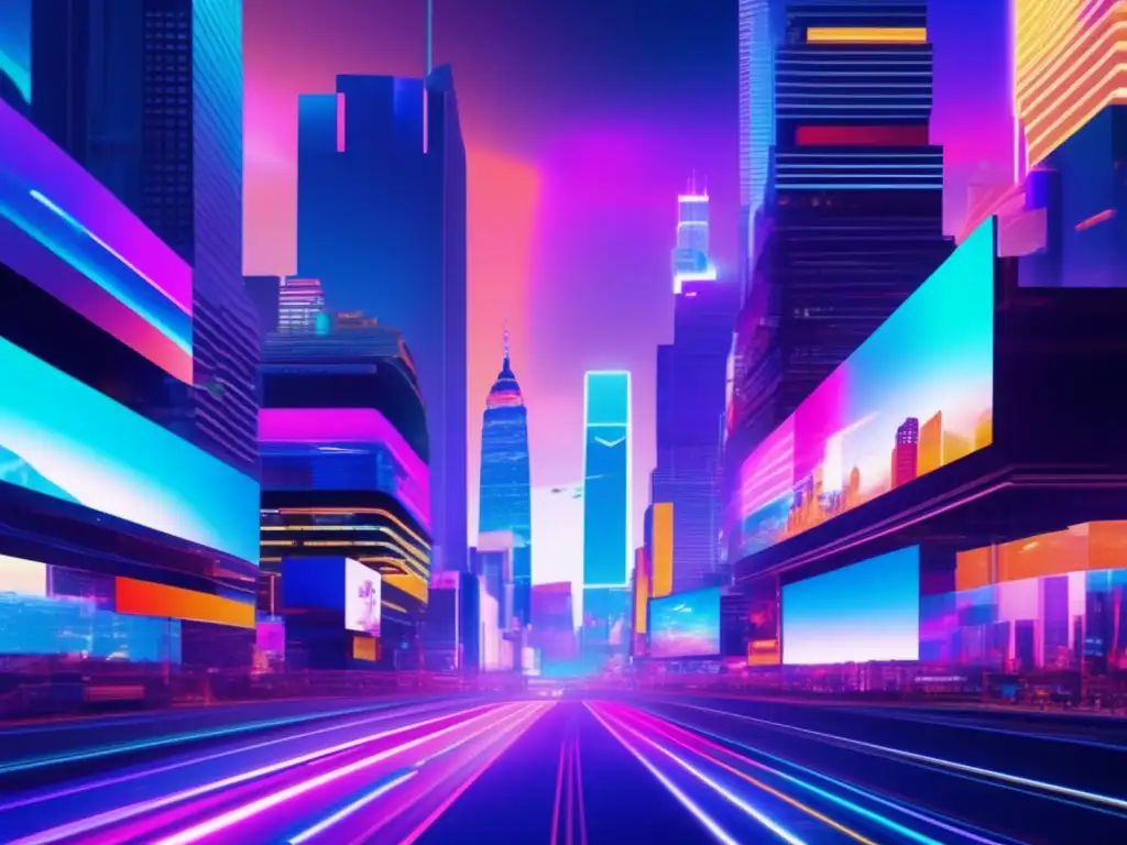 Futurista ciudad holográfica con glitch art y amenazas a la privacidad en línea en 2023