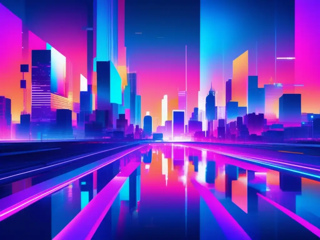 Futurista ciudad con colores neón, glitch y privacidad de datos en ciberseguridad