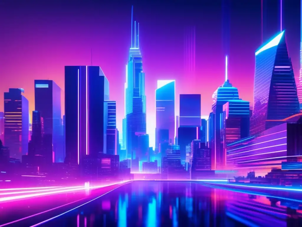 Futurista ciudad iluminada por luces de neón, glitch art 8k representa redes neuronales que predicen y combaten ciberataques