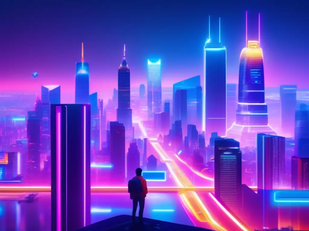 Futurista ciudad nocturna con rascacielos iluminados por luces neón