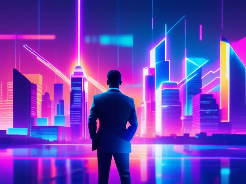 Futurista ciudad nocturna con rascacielos iluminados por luces neón