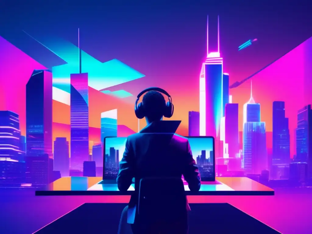 Riesgos del teletrabajo: Glitch cityscape con persona y laptop Futurista ciudad con rascacielos distorsionados, luces neón y figura de teletrabajador, destacando medidas de seguridad