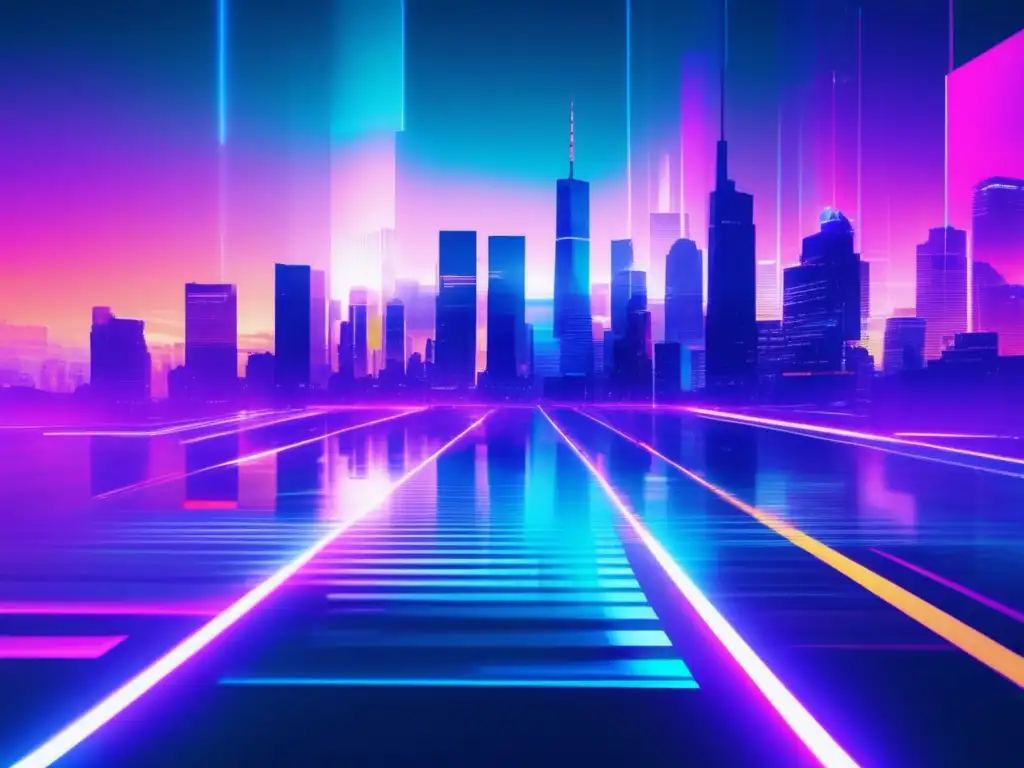 Futurista ciudad con rascacielos glitched, iluminada por neón