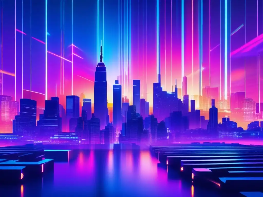 Futurista ciudad con rascacielos iluminados por luces neón en un paisaje glitch art