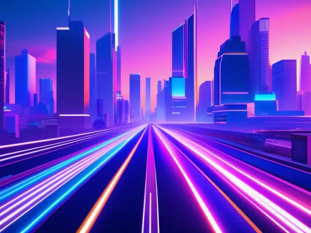 Futurista ciudad con rascacielos, luces neón y glitches