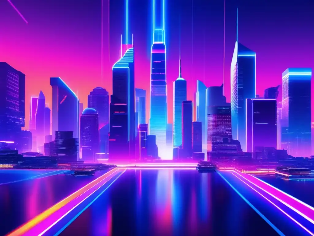 Futurista ciudad con rascacielos, luces neón vibrantes y elementos distorsionados