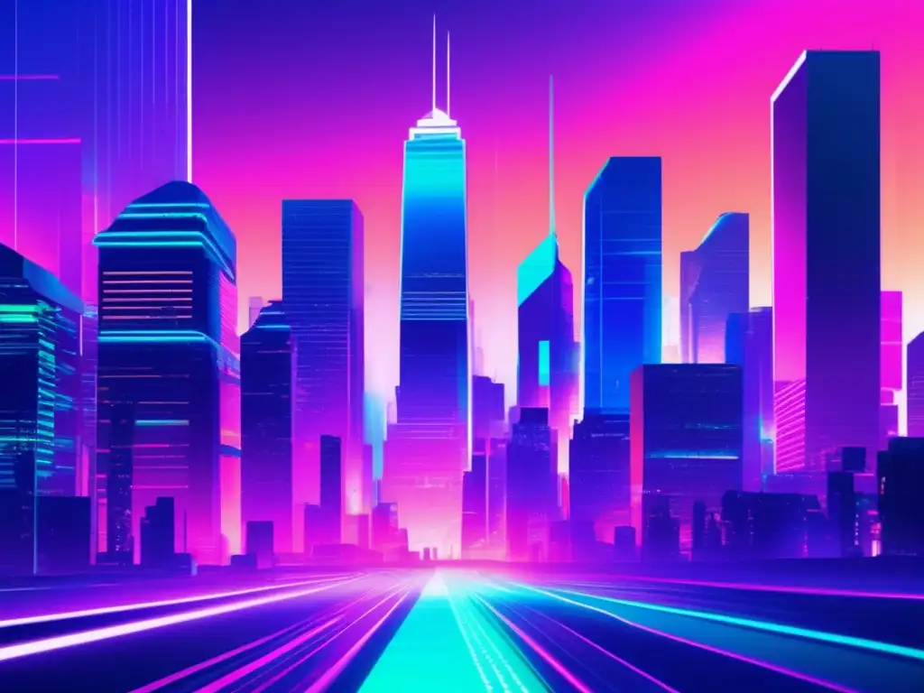 Futurista ciudad con rascacielos, luces neón y efectos glitch