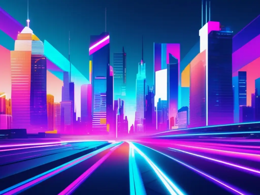 Futurista ciudad con rascacielos, luces neón vibrantes y arte glitch