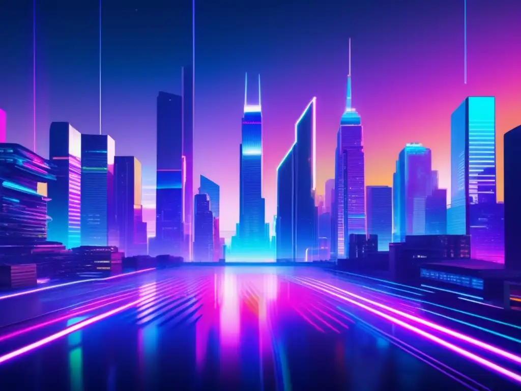 Futurista ciudad con rascacielos y luces neón