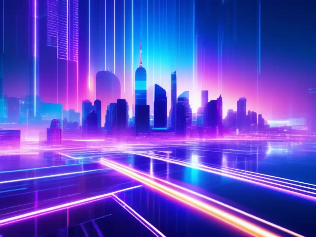 Futurista ciudad con rascacielos, luces neón y aura digital