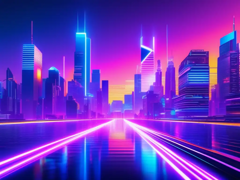 Futurista ciudad con rascacielos, luces neón y efectos glitch