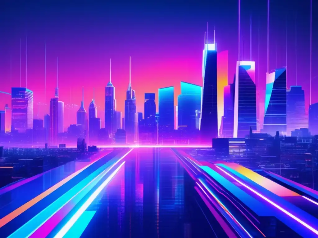 Futurista ciudad ciber con glitch art y neon lights - Guía de crowdfunding en ciberseguridad