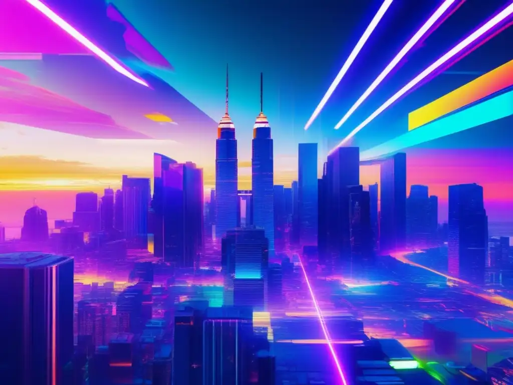 Futurista paisaje urbano con rascacielos neón, glitch art y navegación anónima en Internet