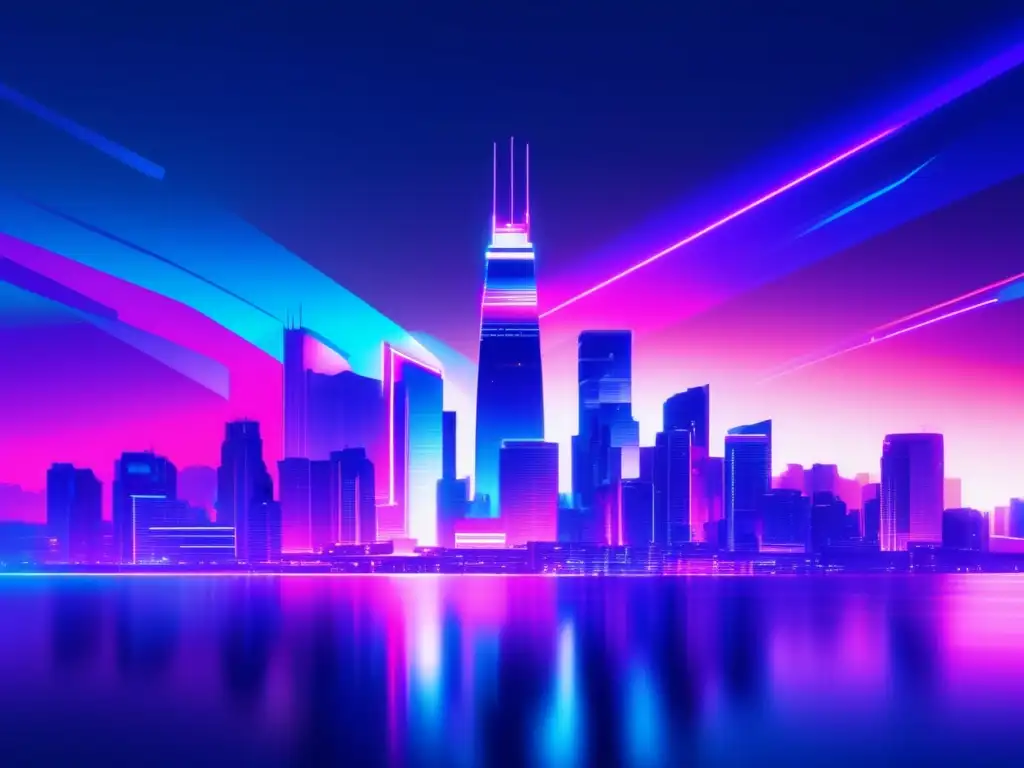 Futuristic cityscape at night with glitch art effect, highlighting cybersecurity challenges in Fintech sector