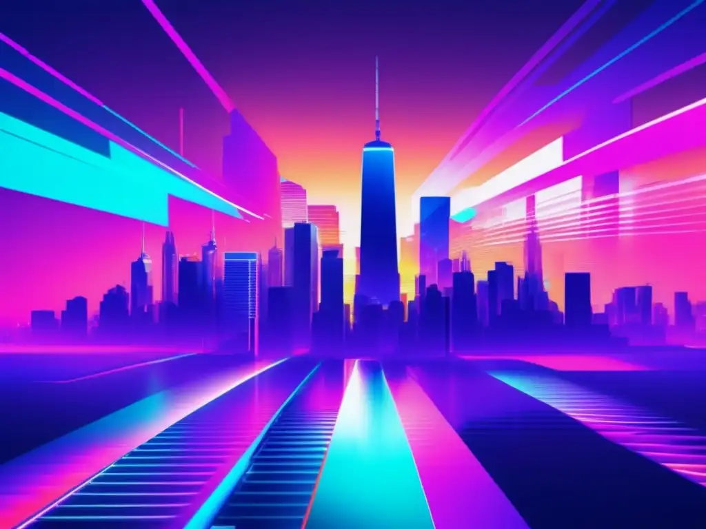 Futuro ciudad con rascacielos en glitch art 8k