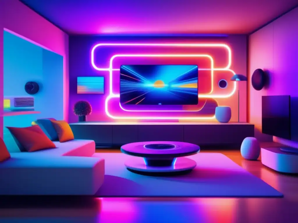 Hogar inteligente futurista con dispositivos IoT glitchados Futuro hogar inteligente con dispositivos IoT glitchados, resaltando protección ciberseguridad en dispositivos inteligentes
