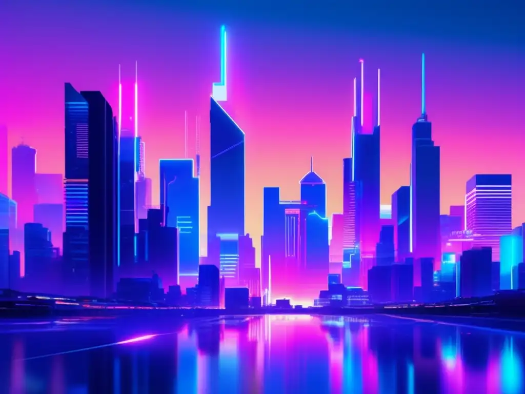 Ciudad futurista con glitch art Futuro de nanogrados en ciberseguridad: ciudad futurista con luces neón, glitch art y figura cibernética