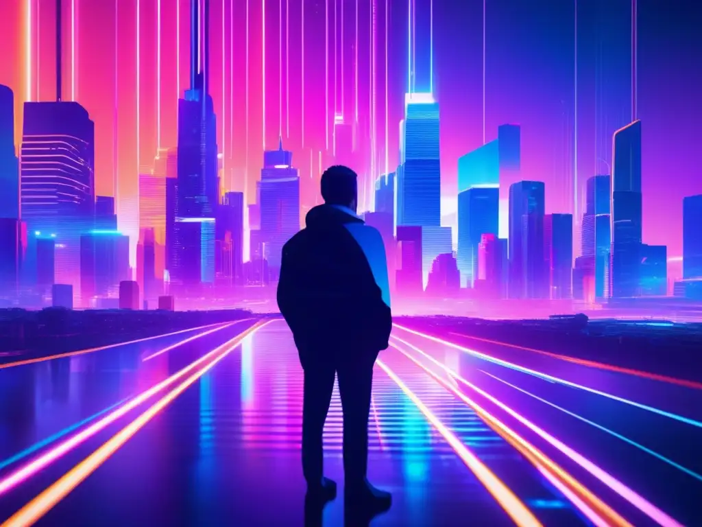 Ciudad futurista y ciberseguridad Futuro de los nanogrados en ciberseguridad con imagen de ciudad futurista y experto en ciberseguridad