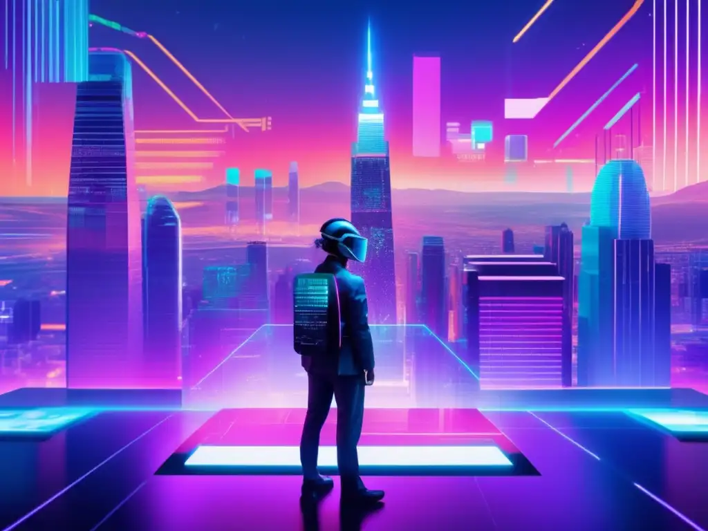 Paisaje digital futurista con ciberseguridad Futuro de los nanogrados en ciberseguridad: paisaje digital glitch con colores vibrantes, código binario y hologramas