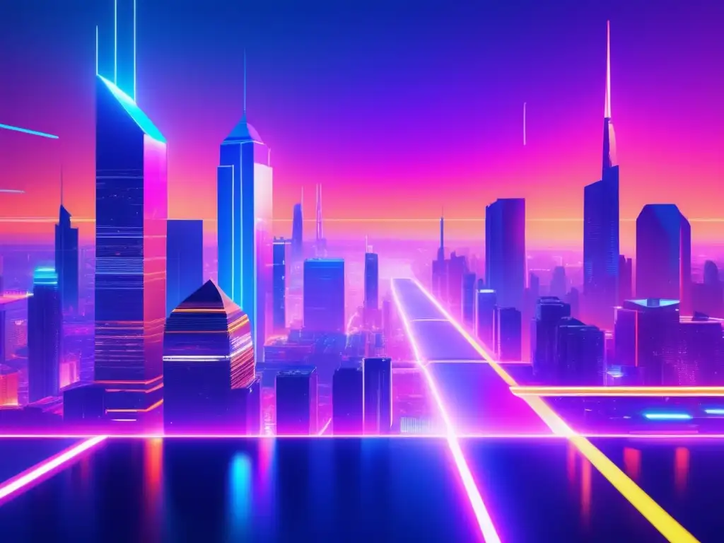 Futuroso paisaje urbano cyberpunk con colores vibrantes y una figura enmascarada, evocando la ansiedad de la seguridad digital constante