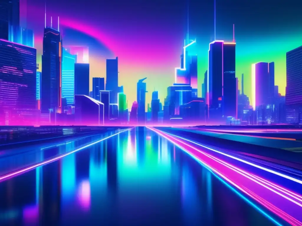 Glitch art 8k: ciudad futurista de noche con rascacielos brillantes, colores intensos y surrealistas