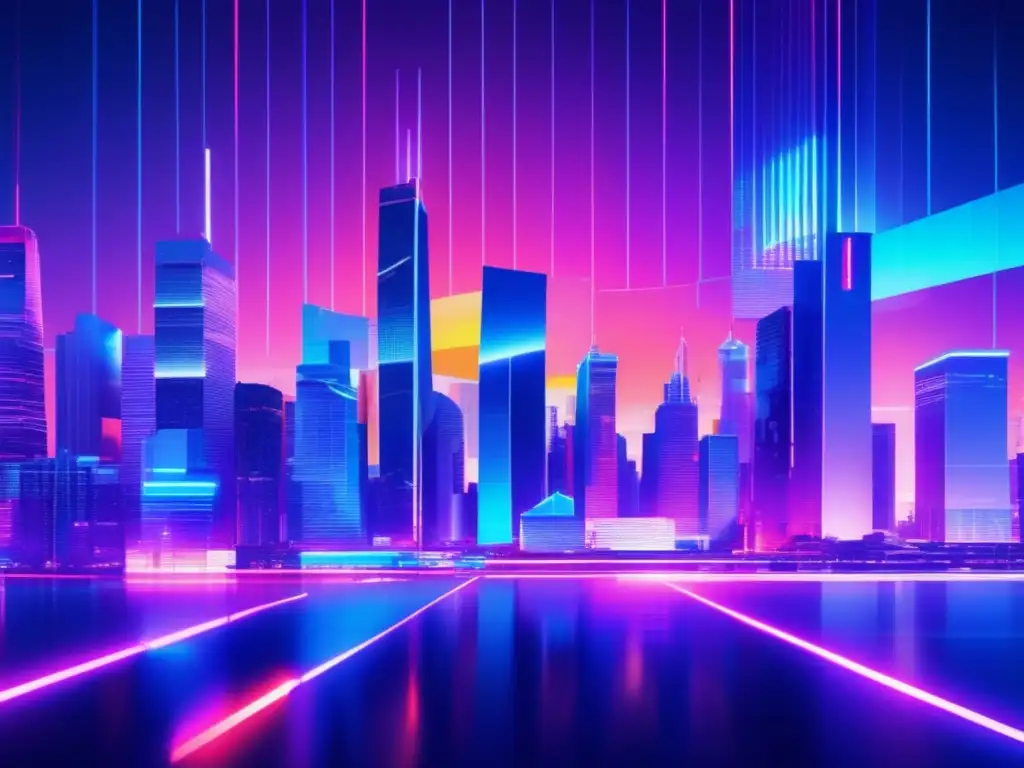 Glitch art de una ciudad futurista en la noche, con rascacielos iluminados por luces de neón