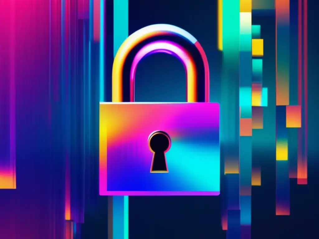 Glitch art seguro: colores vibrantes, padlock pixelado y fragmentos digitales - Cursos de seguridad para ecommerce