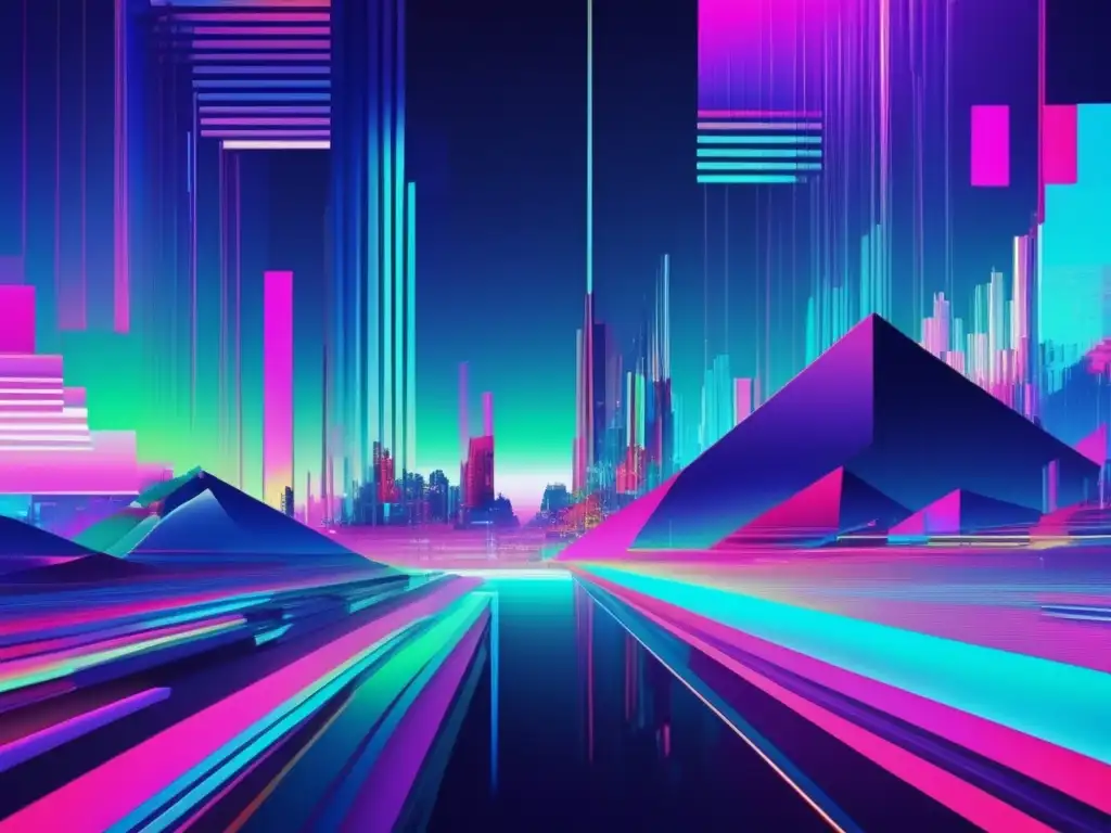 Glitch art con protección de firewalls en PYMES: paisaje digital caótico y vibrante con formas geométricas, patrones pixelados y líneas fragmentadas