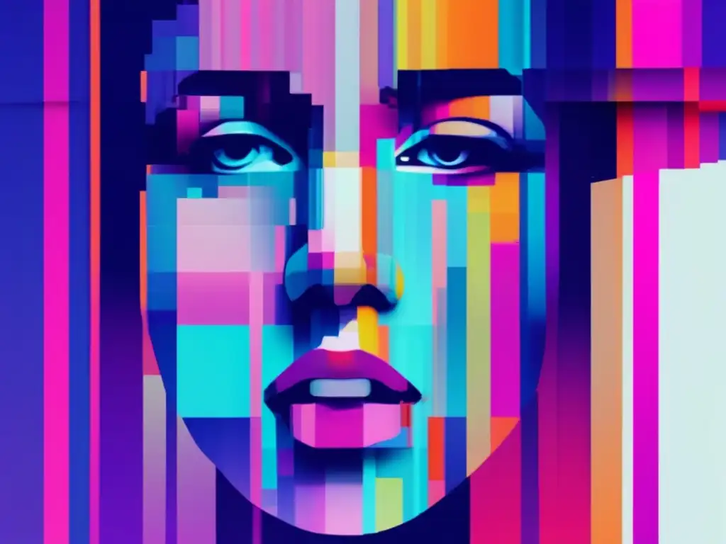 Glitch art: fragmentos de rostro y colores vibrantes simbolizando la seguridad digital y psicología del phishing