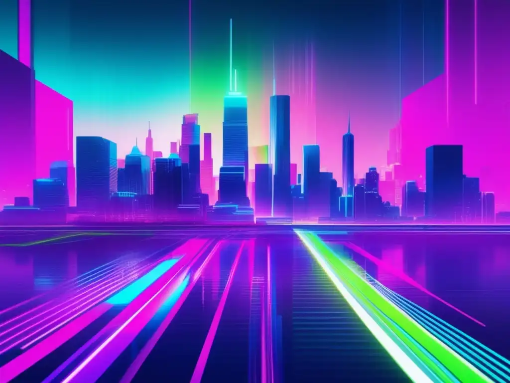 Glitch art futurista de una ciudad consumida por colores neón y líneas caóticas - Ciberdelincuencia cuántica: escenarios riesgo futuro