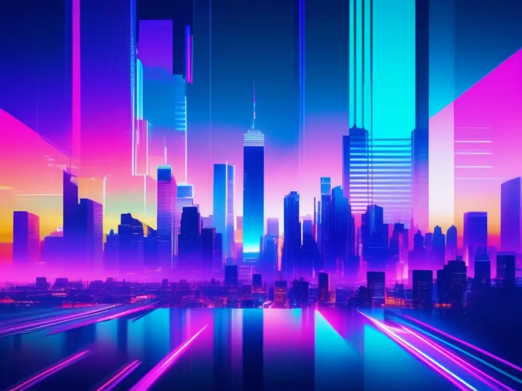 Glitch art futurista de ciudad con desafíos legales ciberseguridad IoT