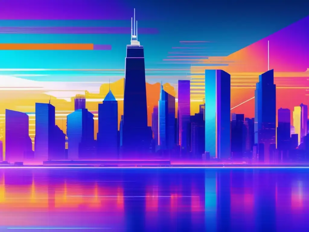 Glitch art futurista: ciudad con rascacielos, patrones vibrantes y colores intensos