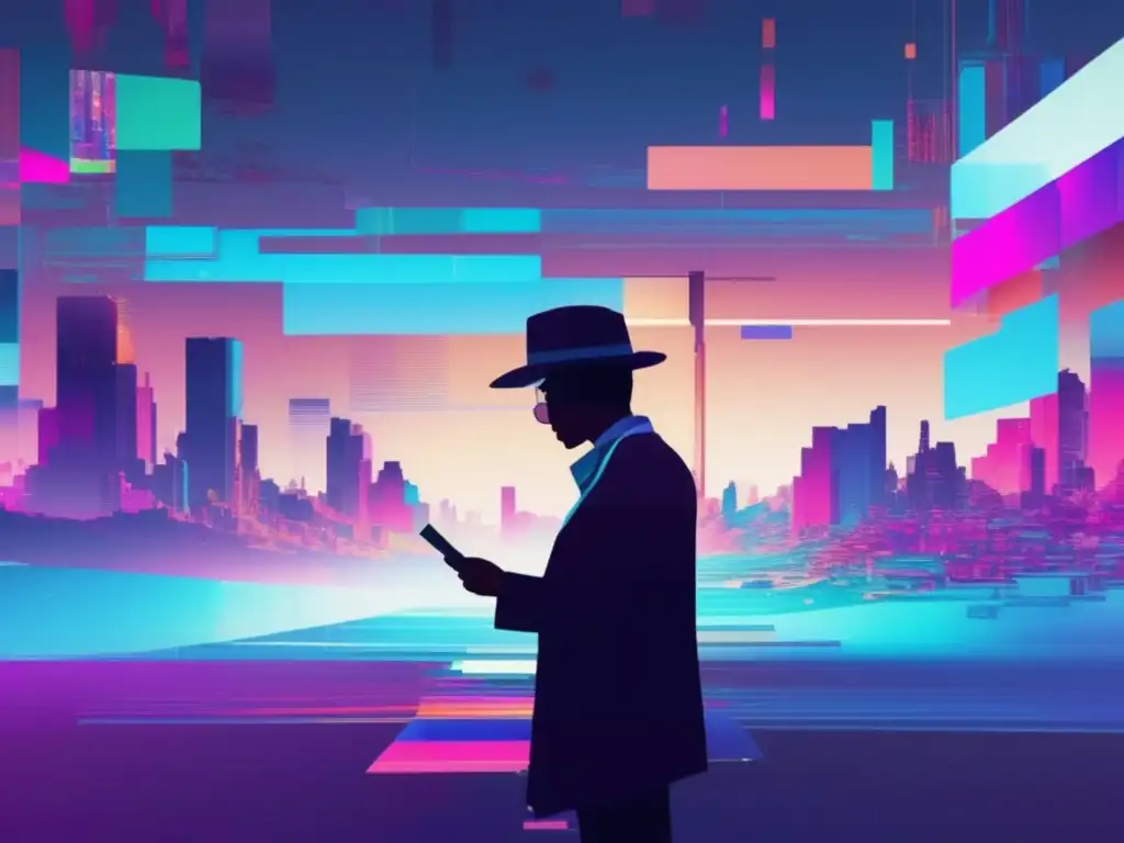 Glitch art con paisaje digital, colores vibrantes y figura de detective