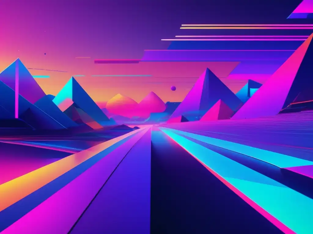 Glitch art 8k: Paisaje digital con colores vibrantes y formas geométricas, efecto glitch prominente