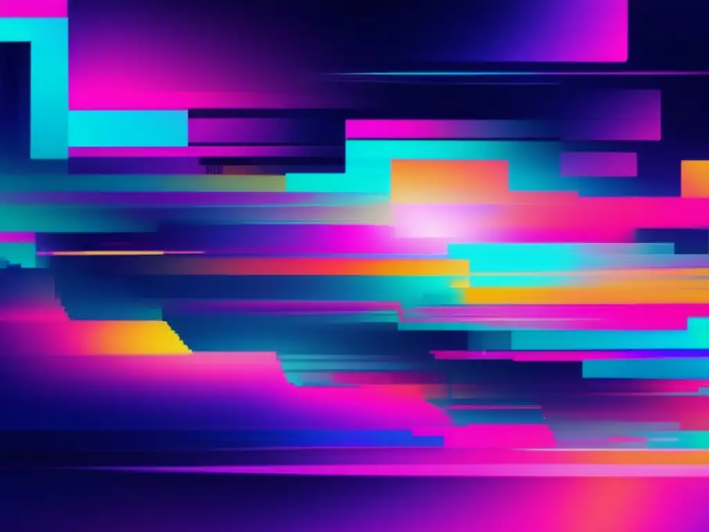 Arte abstracto Glitch: patrones digitales vibrantes y formas distorsionadas Glitch Art: Patrones digitales vibrantes y formas distorsionadas que representan la implementación de políticas de seguridad IT