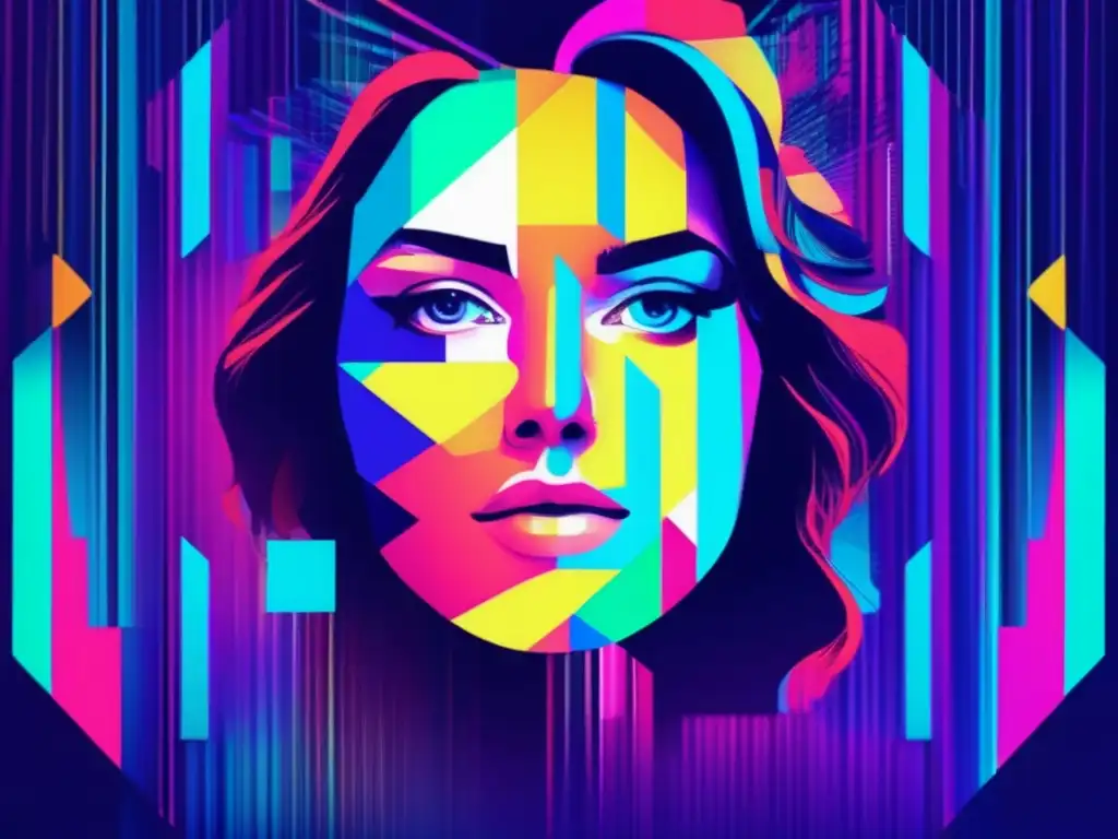 Glitch art: Silueta distorsionada de rostro en colores vibrantes y patrones intrincados