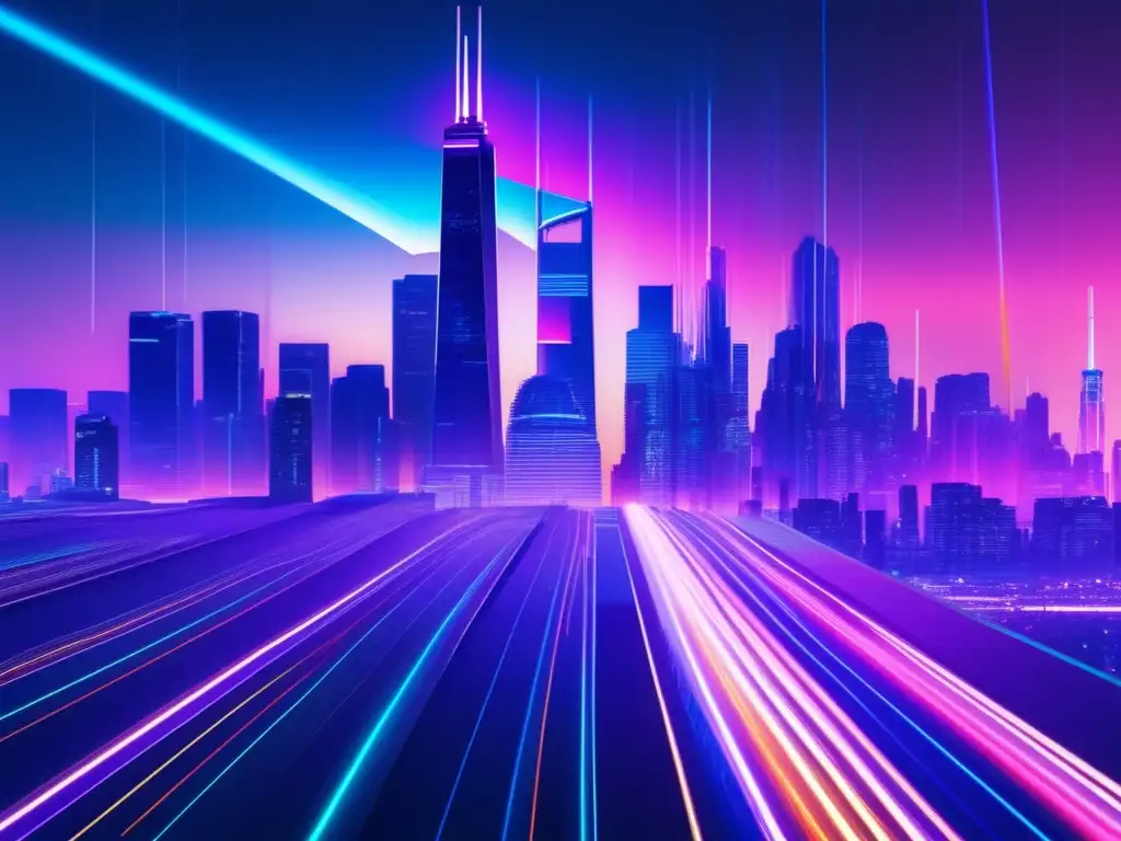 Glitch art de ciudad futurista al atardecer con ciberseguridad en edge computing