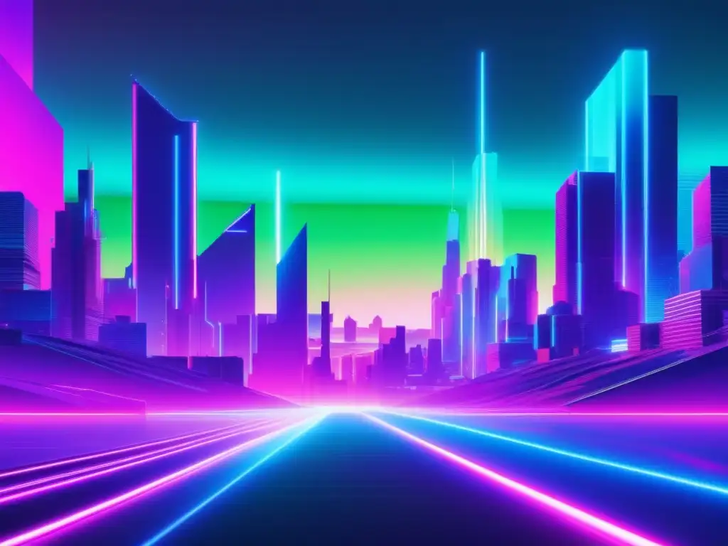 Glitch art futurista: paisaje digital, colores neón, icono de candado glitchado