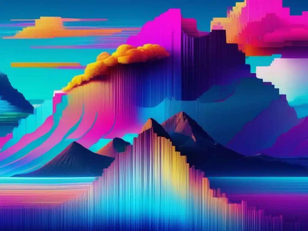 Glitch Art: Paisaje digital fragmentado y distorsionado con criptografía avanzada