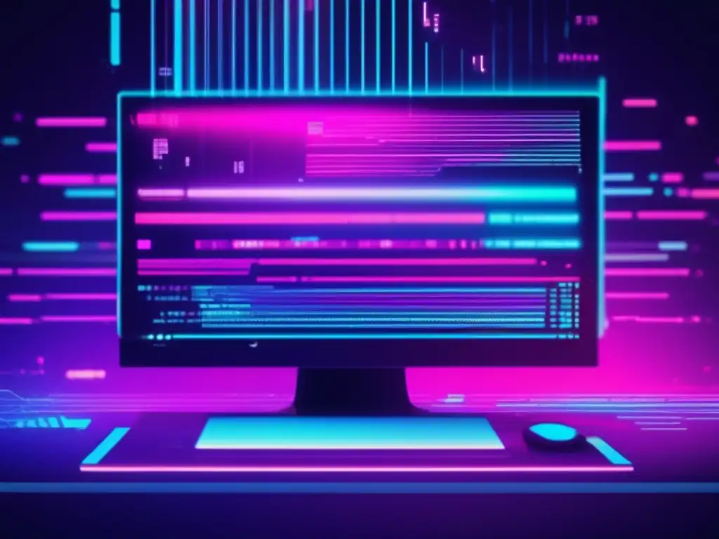 Glitch en pantalla muestra código y iconos de ciberseguridad