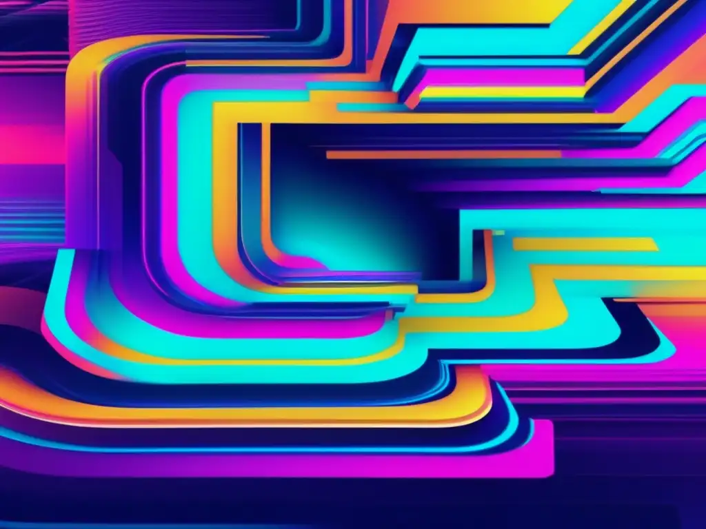 Glitch art vibrante y distorsionado, reflejando la seguridad en grupos de Facebook