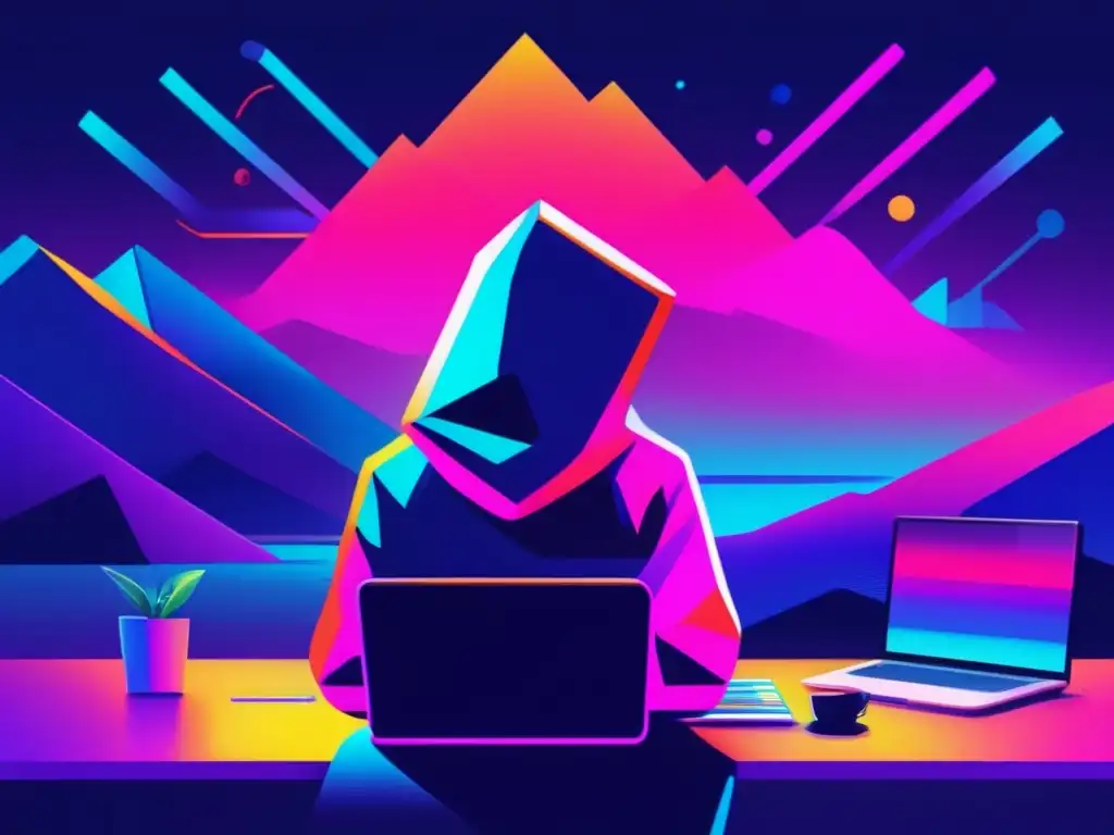 Habilidades hacking ético mentor en paisaje digital con glitch art, hacker experto en código y redes, caos tecnológico y estética futurista