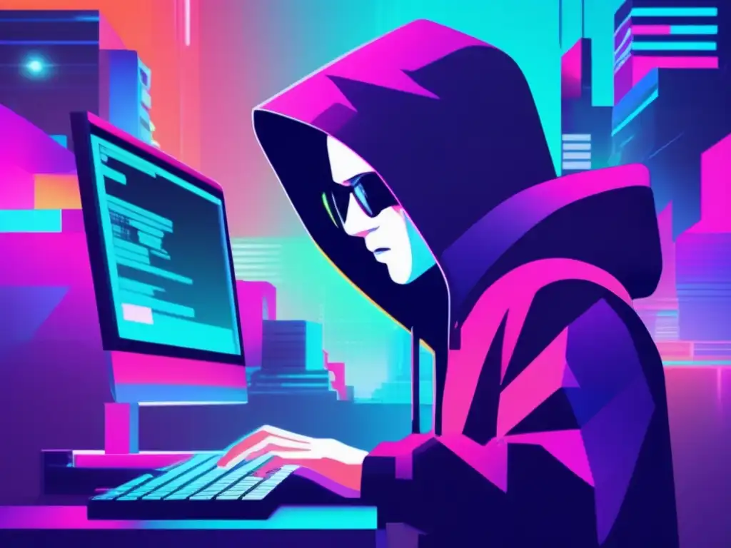 Hacker en hoodie analizando malware: Herramientas análisis forense informático en arte glitch caótico y misterioso