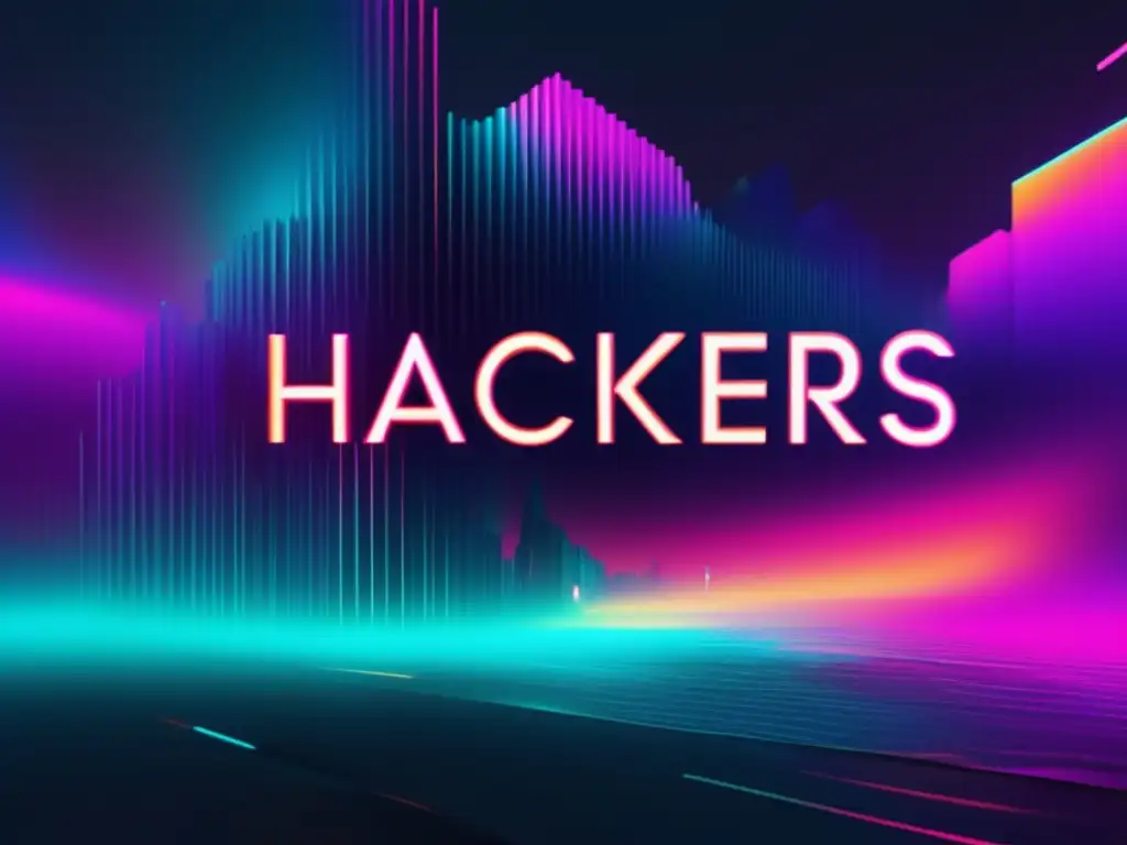 Hackers famosos y su reconocimiento: Imagen glitch de alta resolución con elementos distorsionados y vibrantes colores neon