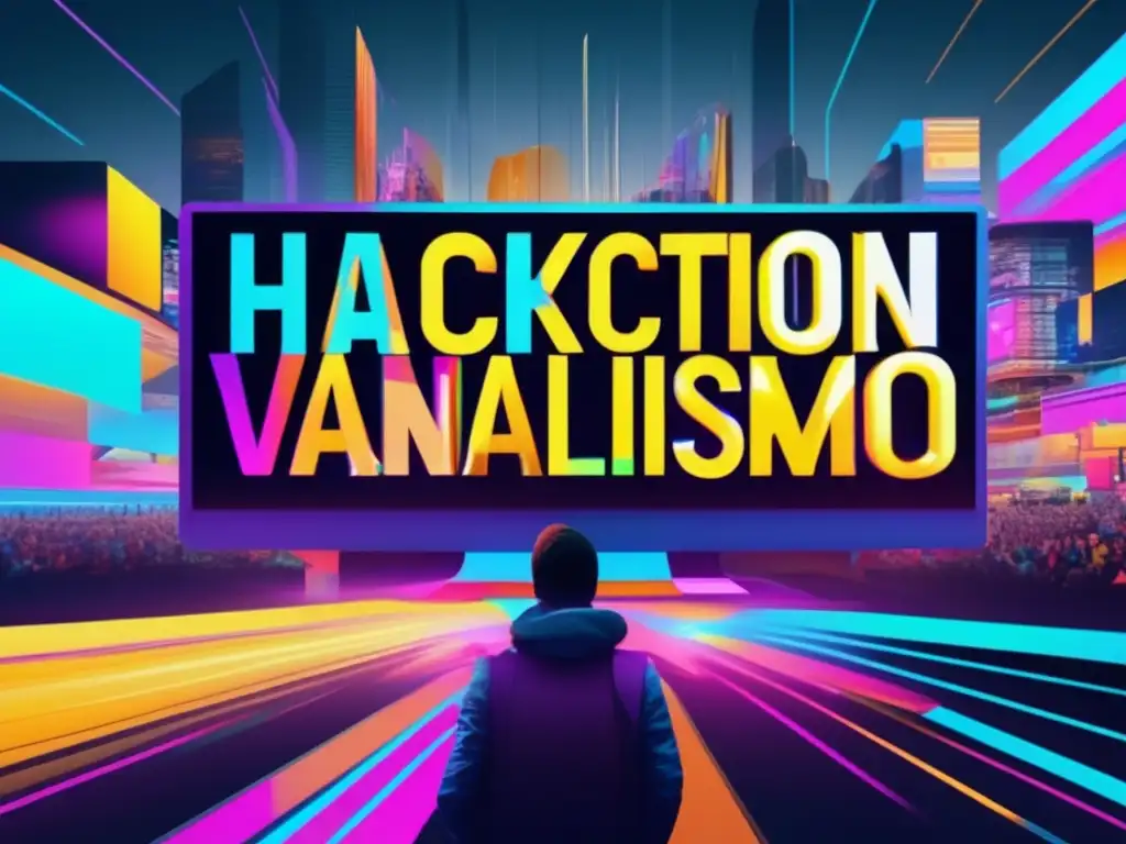 Hacktivismo como forma de protesta: Un paisaje digital caótico y vibrante, reflejo de la intersección entre tecnología, activismo y caos